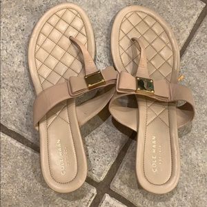 Cole Hana Wedge Thong Sandals Tan with Bow